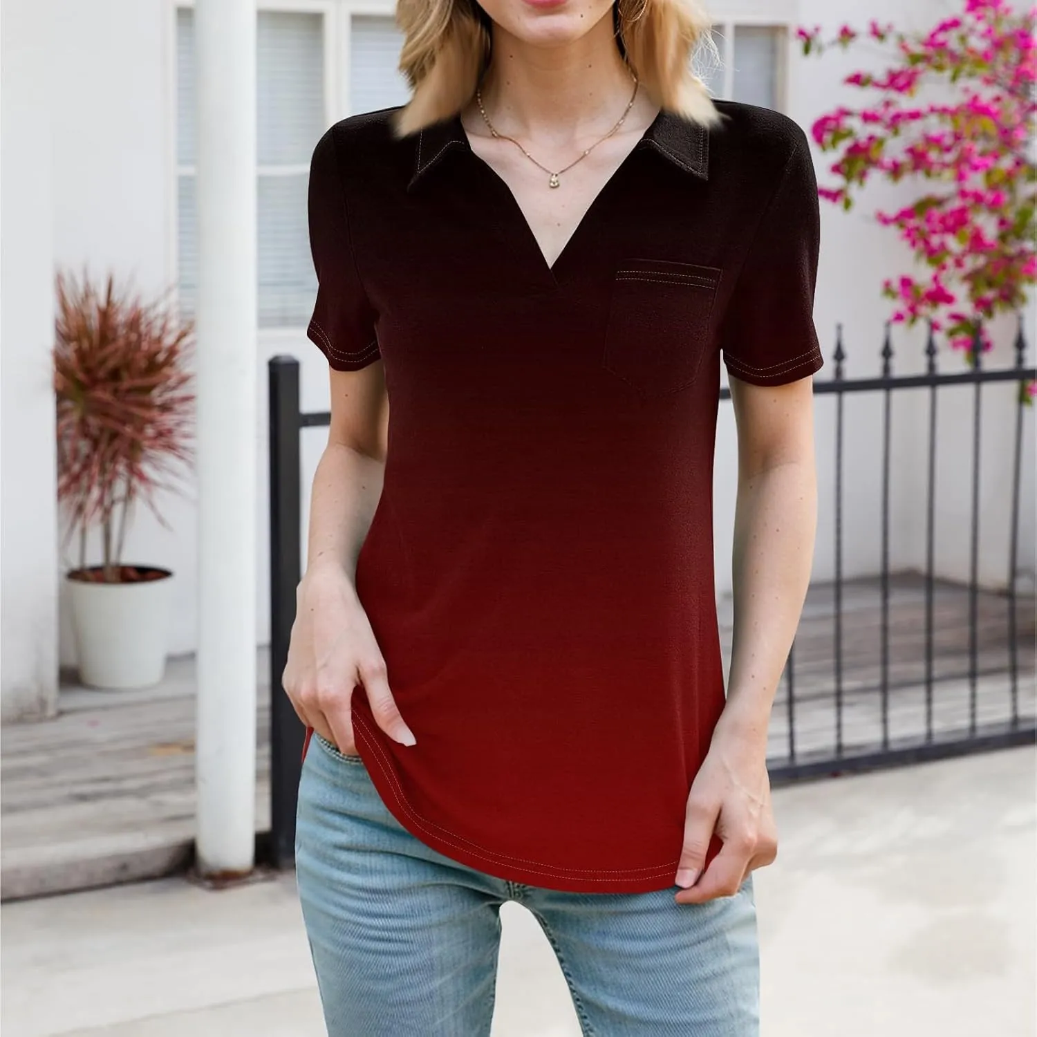 Womens Summer Tops Collared Work Golf Polo Shirt Pocket V Neck Short Sleeve Shirts Dressy Casual Floral Blouses
