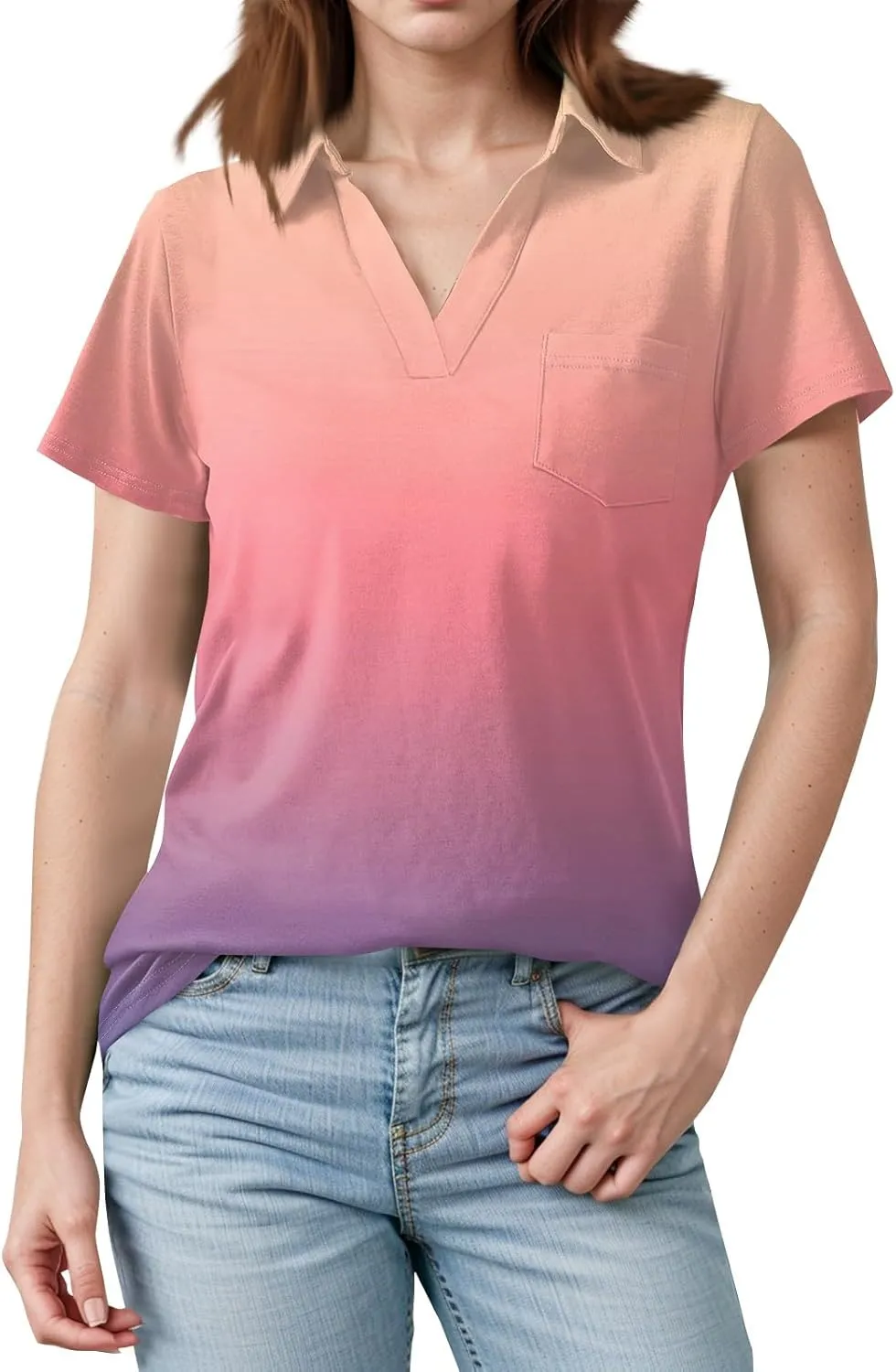 Womens Summer Tops Collared Work Golf Polo Shirt Pocket V Neck Short Sleeve Shirts Dressy Casual Floral Blouses