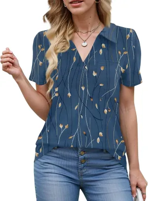 Womens Summer Tops Collared Work Golf Polo Shirt Pocket V Neck Short Sleeve Shirts Dressy Casual Floral Blouses