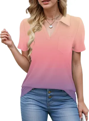 Womens Summer Tops Collared Work Golf Polo Shirt Pocket V Neck Short Sleeve Shirts Dressy Casual Floral Blouses
