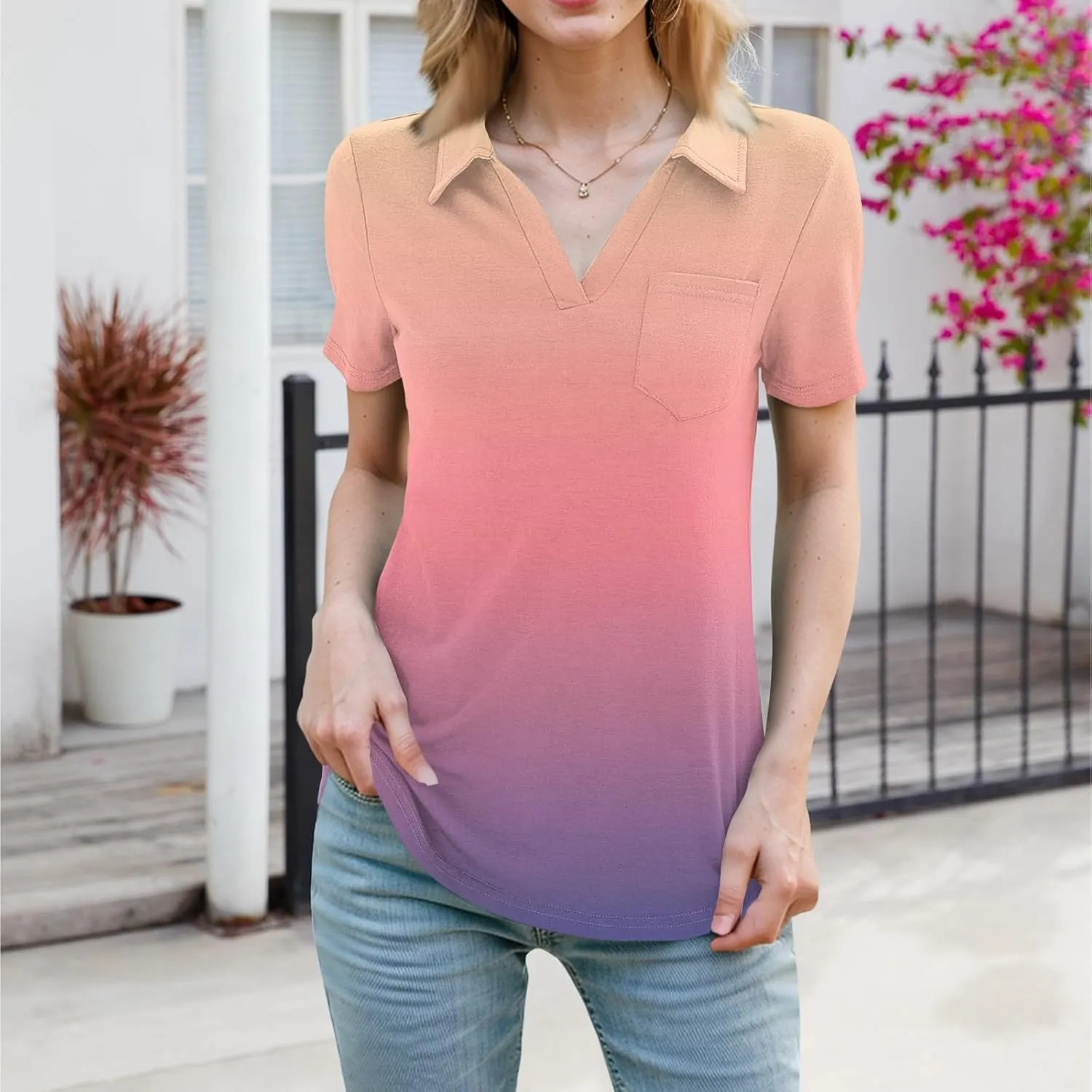 Womens Summer Tops Collared Work Golf Polo Shirt Pocket V Neck Short Sleeve Shirts Dressy Casual Floral Blouses