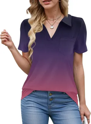Womens Summer Tops Collared Work Golf Polo Shirt Pocket V Neck Short Sleeve Shirts Dressy Casual Floral Blouses
