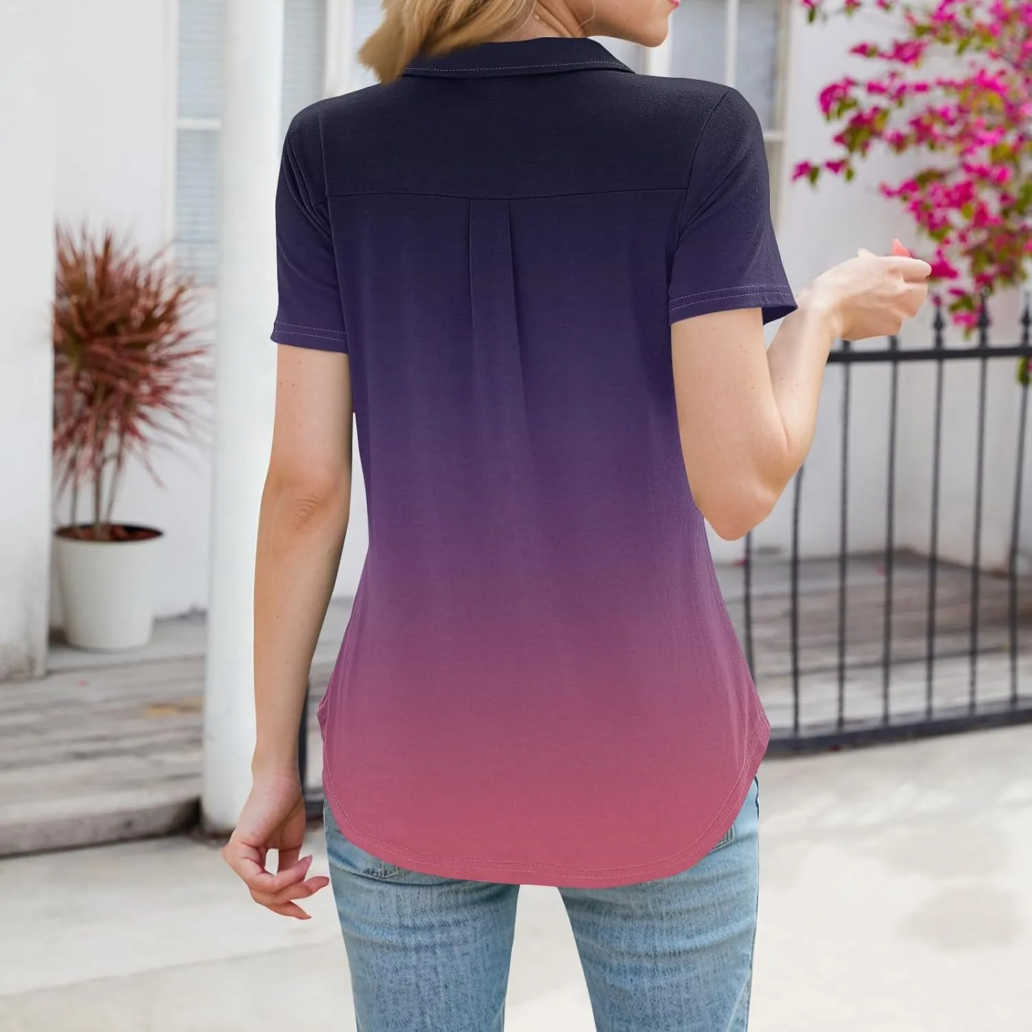 Womens Summer Tops Collared Work Golf Polo Shirt Pocket V Neck Short Sleeve Shirts Dressy Casual Floral Blouses