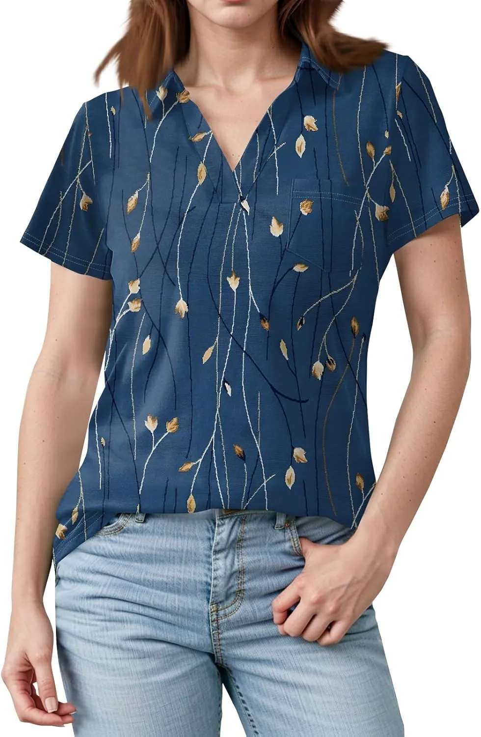 Womens Summer Tops Collared Work Golf Polo Shirt Pocket V Neck Short Sleeve Shirts Dressy Casual Floral Blouses