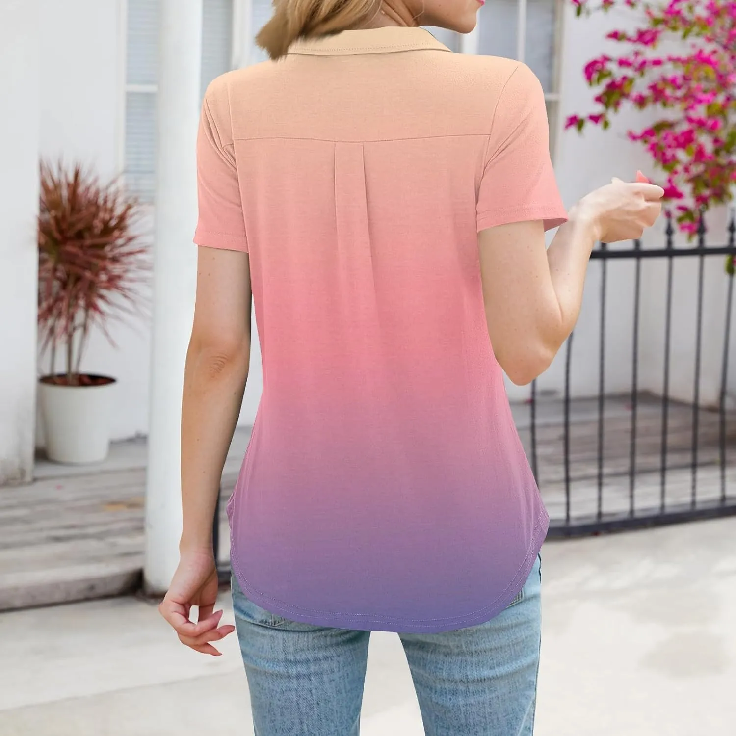 Womens Summer Tops Collared Work Golf Polo Shirt Pocket V Neck Short Sleeve Shirts Dressy Casual Floral Blouses