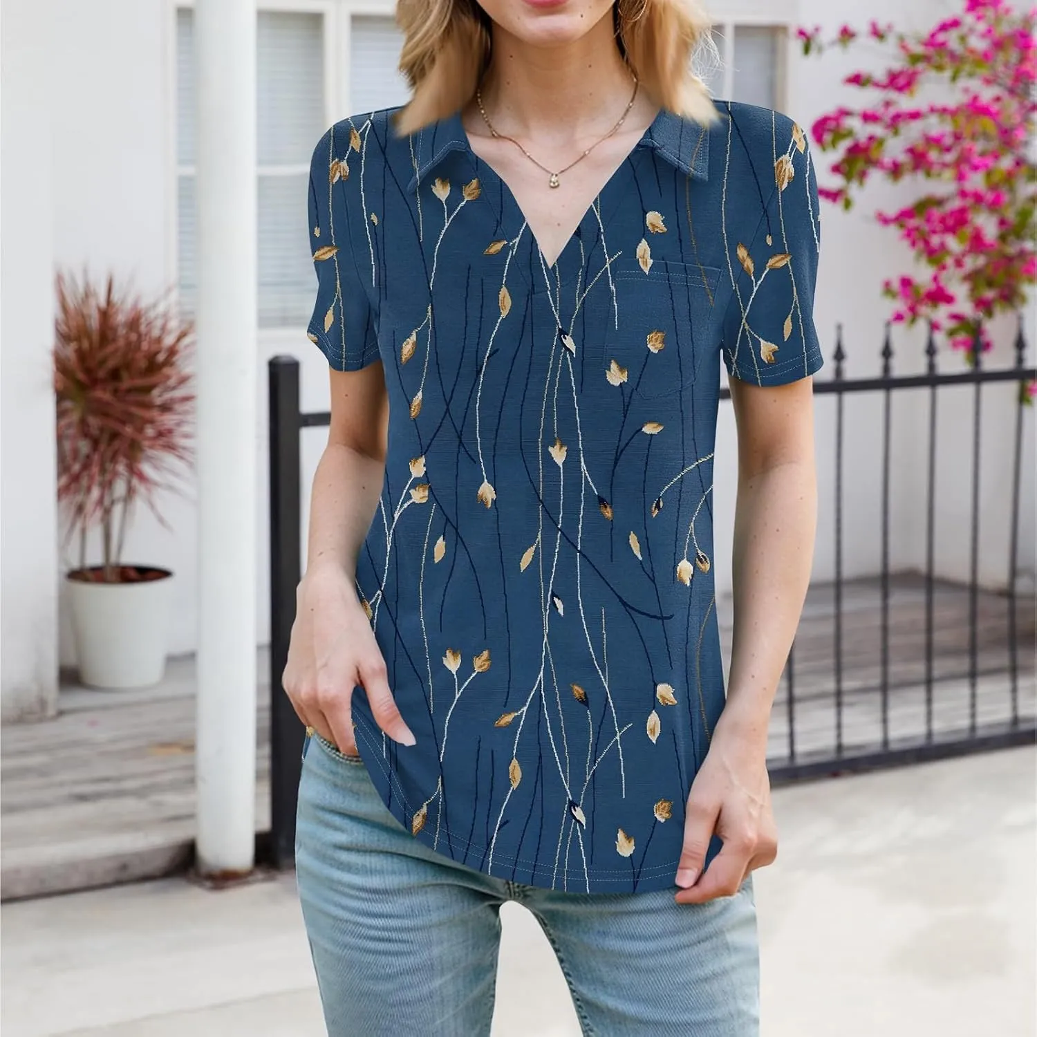 Womens Summer Tops Collared Work Golf Polo Shirt Pocket V Neck Short Sleeve Shirts Dressy Casual Floral Blouses
