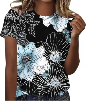 Womens Summer Tops for Women Short Sleeve Flowered Floral Shirts Casual Cute Vintage Graphic Tees Ladies 2025