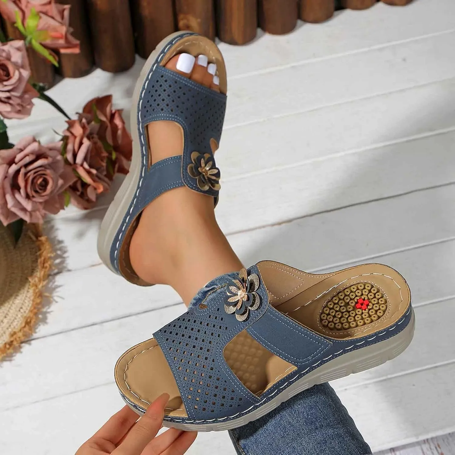 Women's Summer Wedge Sandals Open Toe Comfortable Dressy Platform Flip Flops with Arch Support and Massage Insole for Outdoor Beach Casual Wear