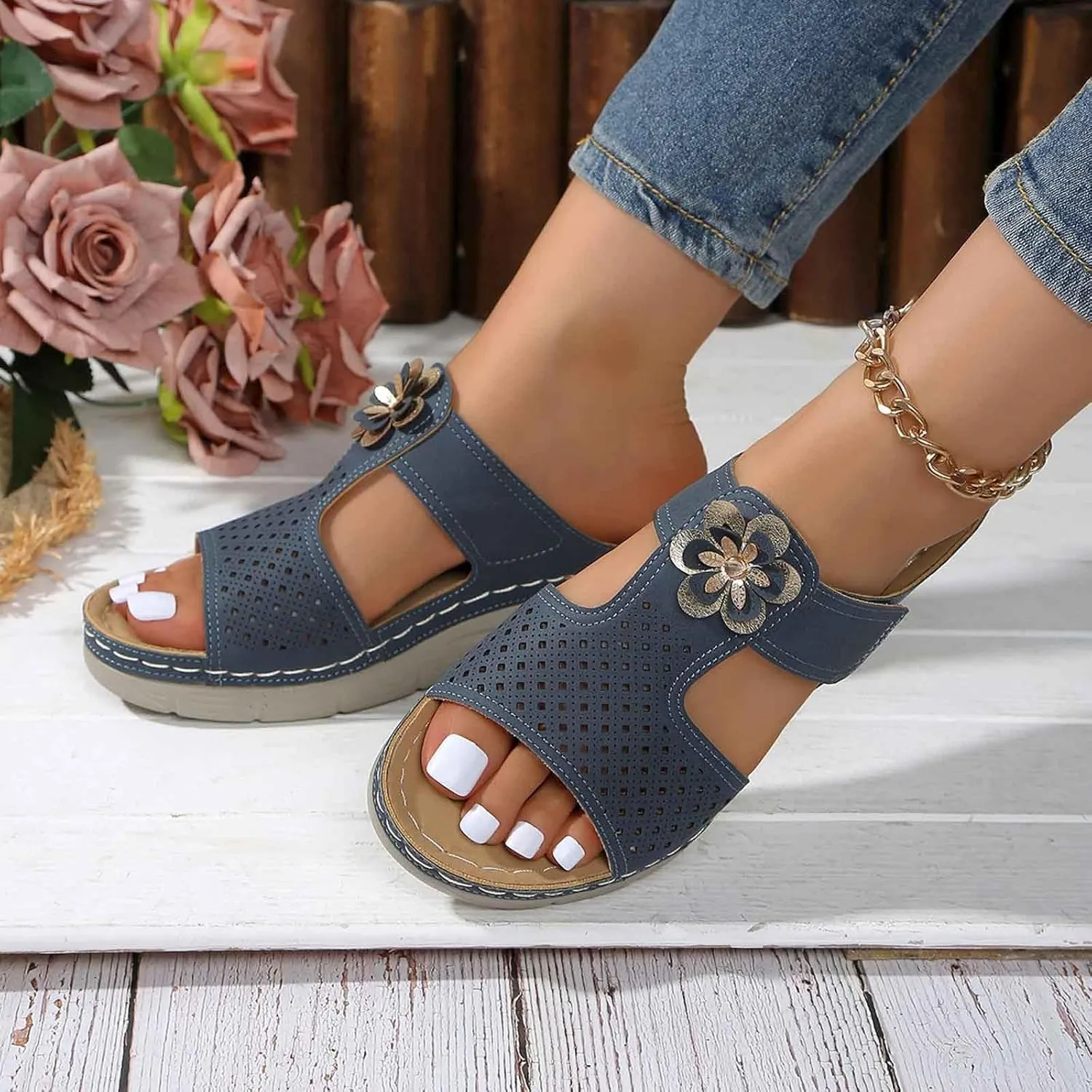 Women's Summer Wedge Sandals Open Toe Comfortable Dressy Platform Flip Flops with Arch Support and Massage Insole for Outdoor Beach Casual Wear