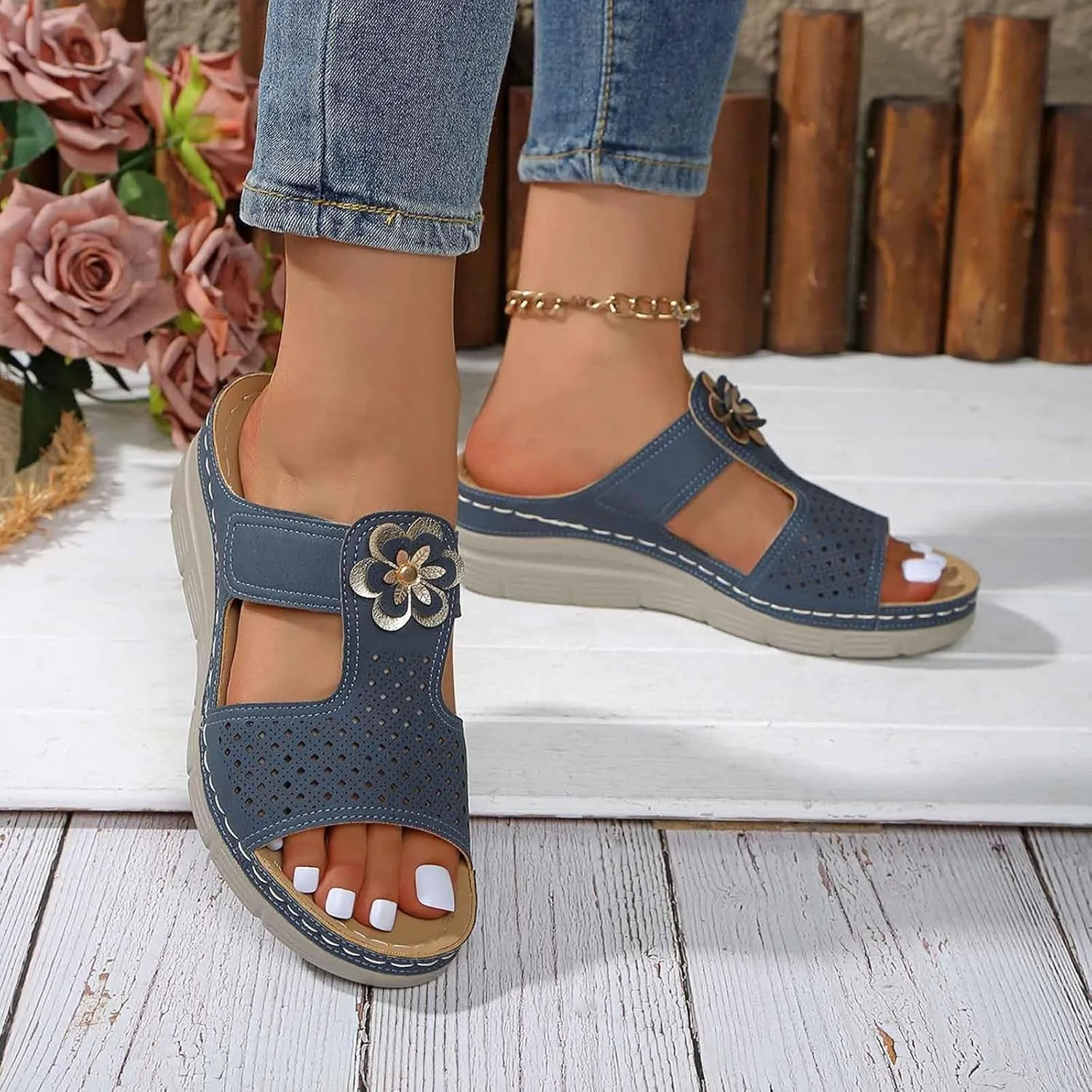 Women's Summer Wedge Sandals Open Toe Comfortable Dressy Platform Flip Flops with Arch Support and Massage Insole for Outdoor Beach Casual Wear