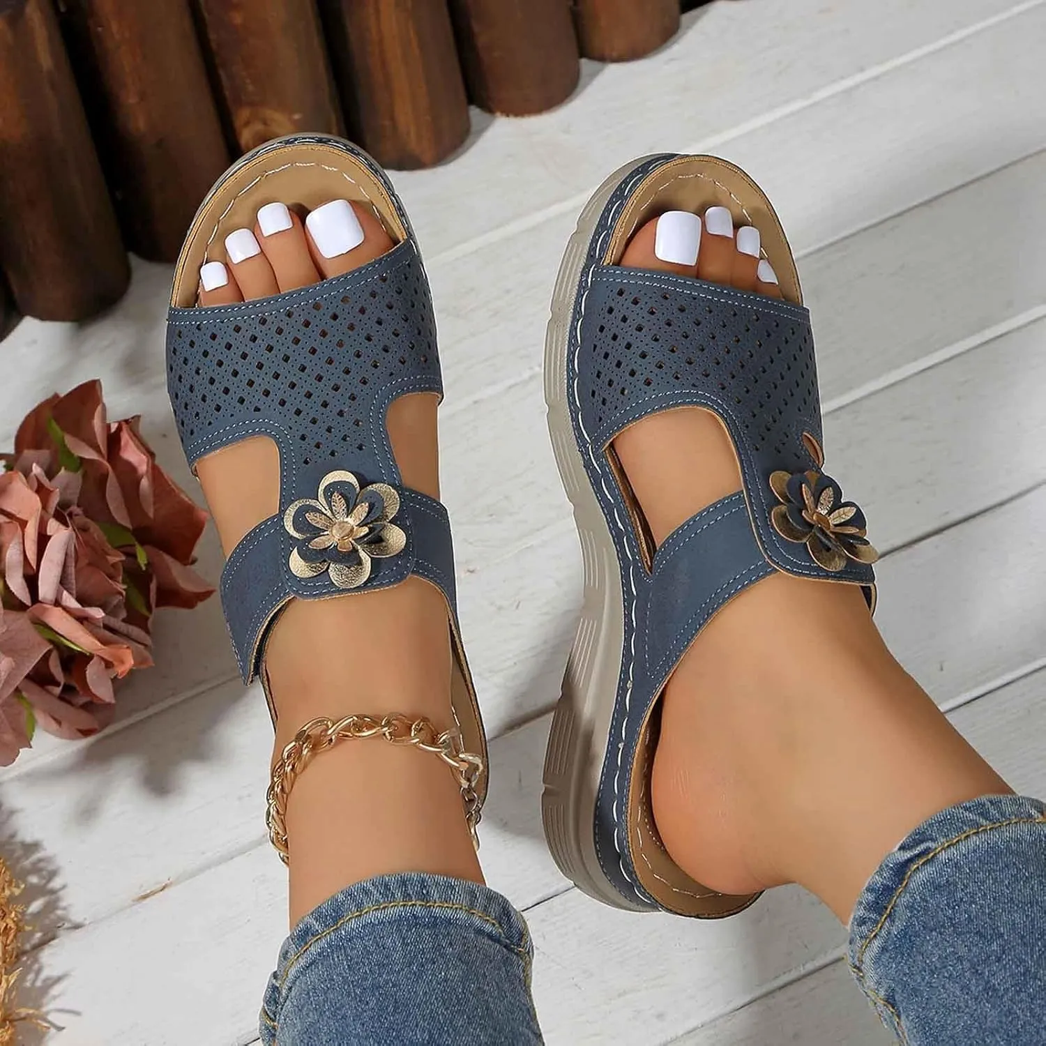 Women's Summer Wedge Sandals Open Toe Comfortable Dressy Platform Flip Flops with Arch Support and Massage Insole for Outdoor Beach Casual Wear