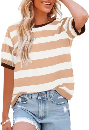 Womens Tops Cotton Casual Color Block Striped Short Sleeve Shirts Crewneck T Shirts Loose Basic Tee Blouses