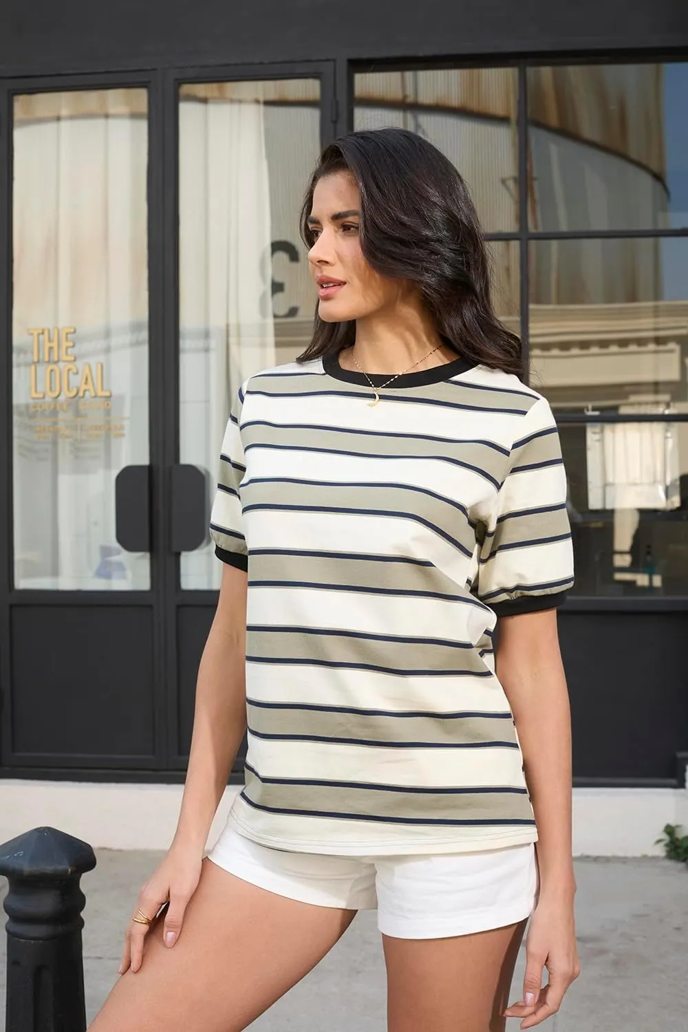 Womens Tops Cotton Casual Color Block Striped Short Sleeve Shirts Crewneck T Shirts Loose Basic Tee Blouses