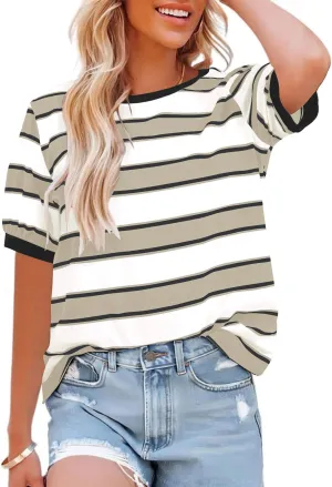 Womens Tops Cotton Casual Color Block Striped Short Sleeve Shirts Crewneck T Shirts Loose Basic Tee Blouses