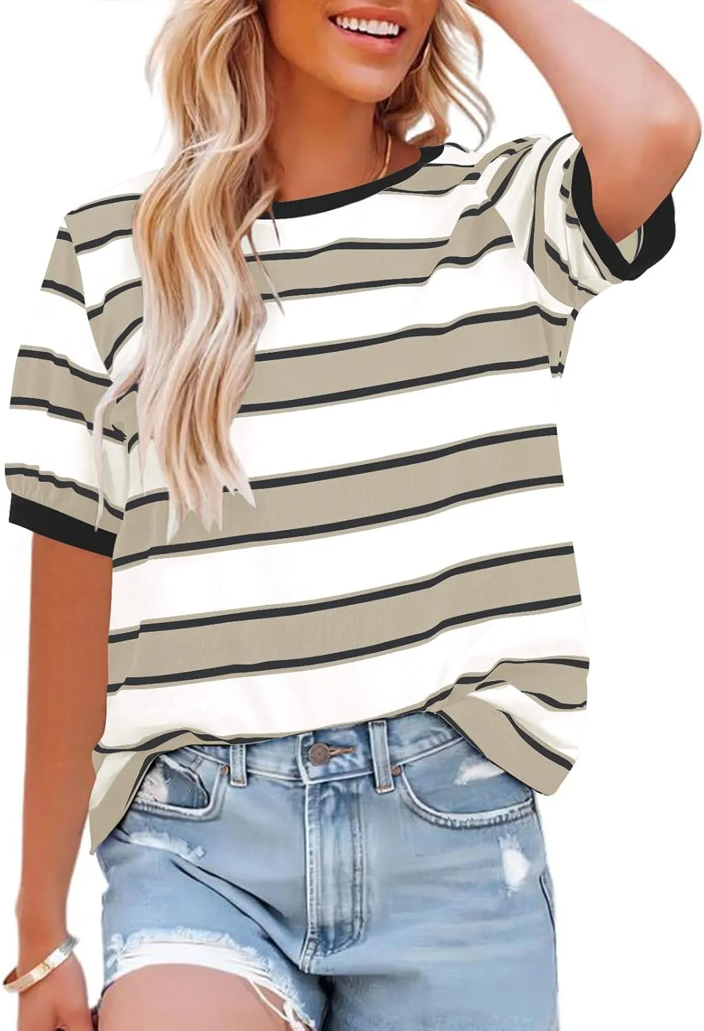 Womens Tops Cotton Casual Color Block Striped Short Sleeve Shirts Crewneck T Shirts Loose Basic Tee Blouses