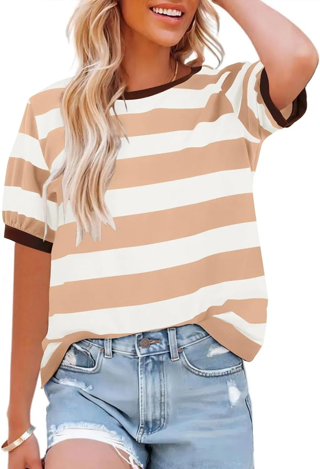 Womens Tops Cotton Casual Color Block Striped Short Sleeve Shirts Crewneck T Shirts Loose Basic Tee Blouses