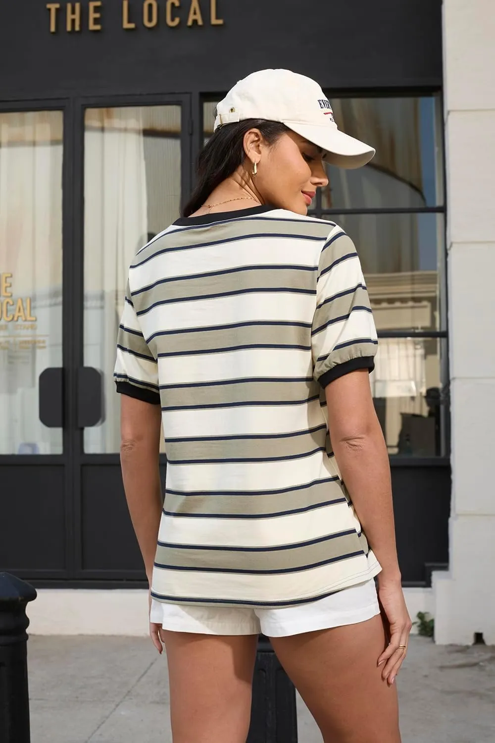 Womens Tops Cotton Casual Color Block Striped Short Sleeve Shirts Crewneck T Shirts Loose Basic Tee Blouses