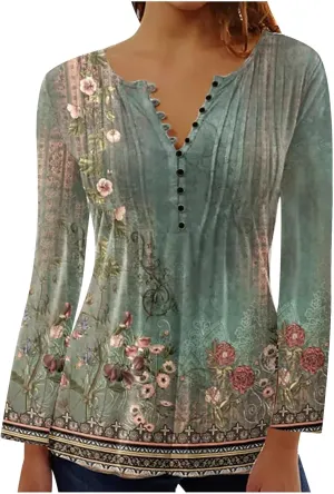 Womens Tops Dressy Casual 3/4 Sleeve Bohemian Summer Shirts Floral Print Empire Waist Long Sleeve Button Down Blouse
