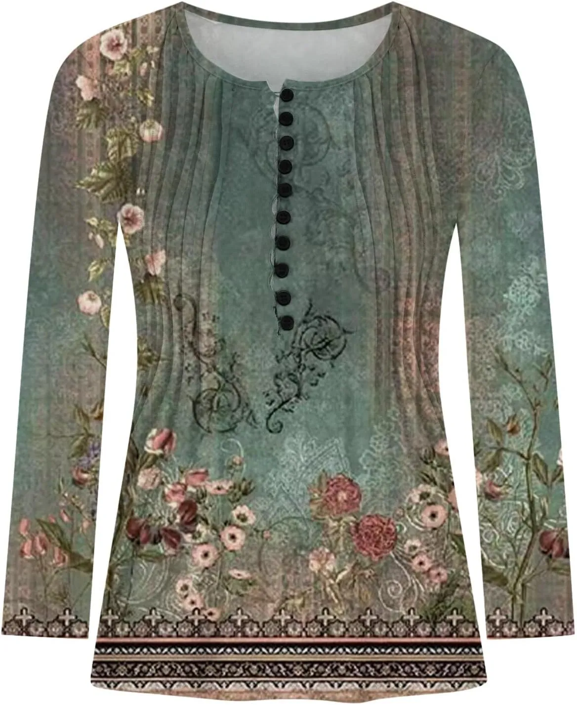 Womens Tops Dressy Casual 3/4 Sleeve Bohemian Summer Shirts Floral Print Empire Waist Long Sleeve Button Down Blouse