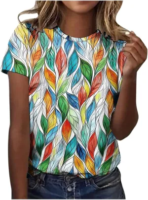 Womens Tops Dressy Casual Short Sleeve Shirts Retro Cute Floral Print Tshirt Tunic Pullover Petite Blouse 2025 Spring