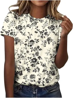 Womens Tops Dressy Casual Short Sleeve Shirts Retro Cute Floral Print Tshirt Tunic Pullover Petite Blouse 2025 Spring