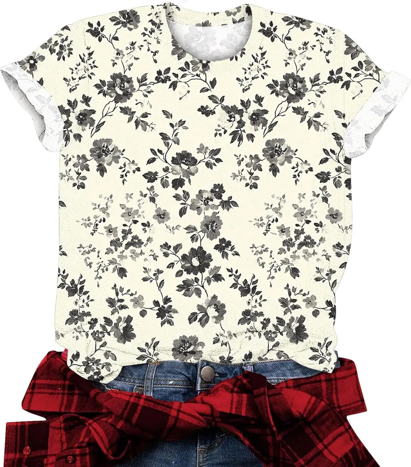 Womens Tops Dressy Casual Short Sleeve Shirts Retro Cute Floral Print Tshirt Tunic Pullover Petite Blouse 2025 Spring