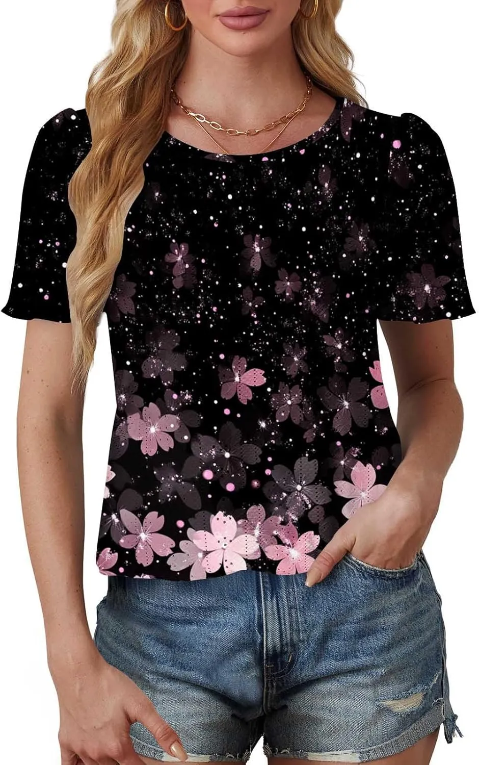 Womens Tops Eyelet Embroidery Scooped Neck Short Sleeve T Shirts Dressy Casual Summer Spring Cute Print Tees