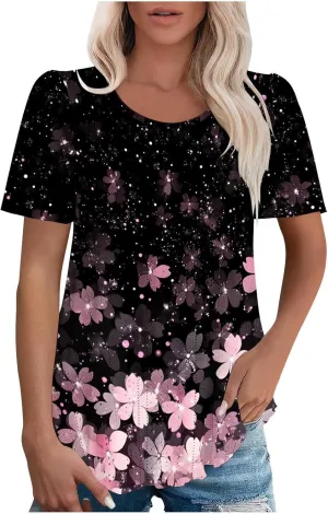 Womens Tops Eyelet Embroidery Scooped Neck Short Sleeve T Shirts Dressy Casual Summer Spring Cute Print Tees