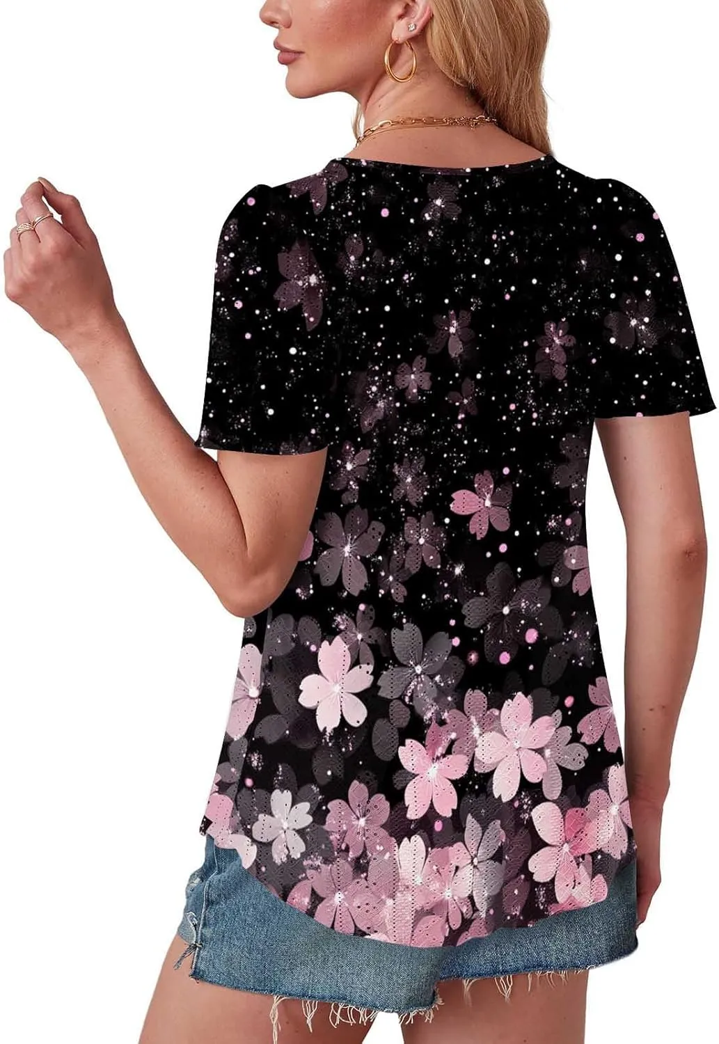 Womens Tops Eyelet Embroidery Scooped Neck Short Sleeve T Shirts Dressy Casual Summer Spring Cute Print Tees
