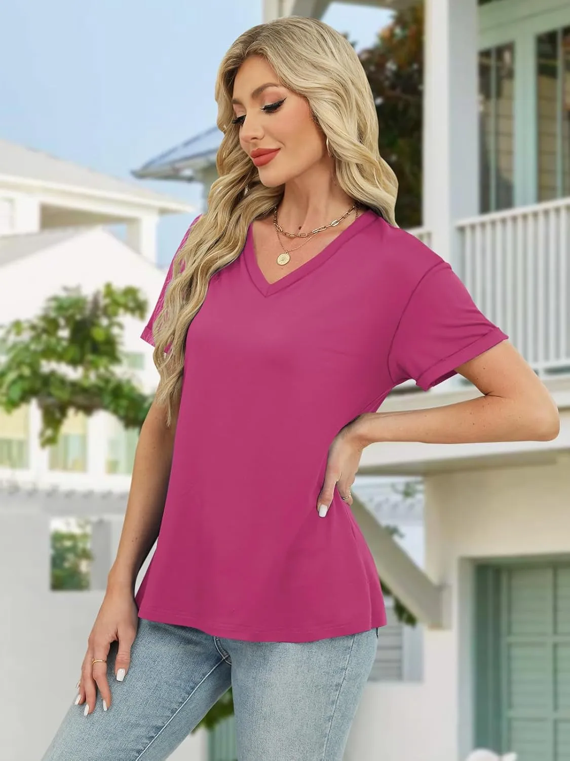 Womens Tops Trendy Short Sleeve Shirts Spring Crew Neck Casual Blouses for Women Summer Tshirts S-XXL