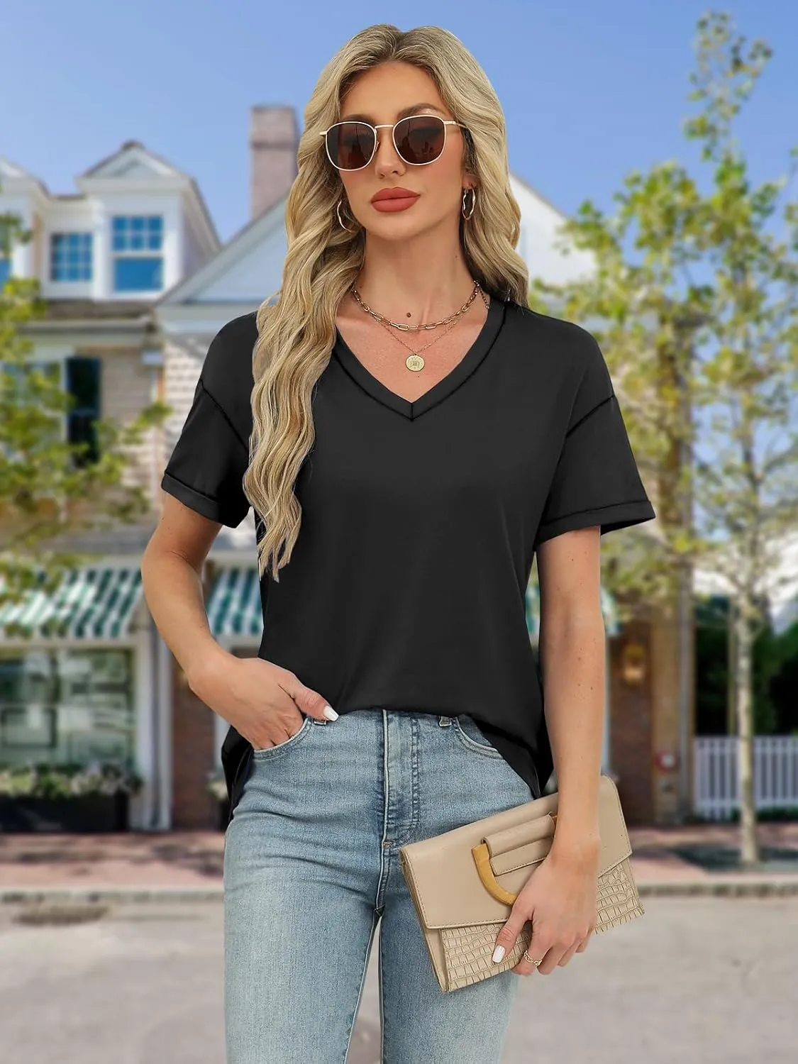 Womens Tops Trendy Short Sleeve Shirts Spring Crew Neck Casual Blouses for Women Summer Tshirts S-XXL