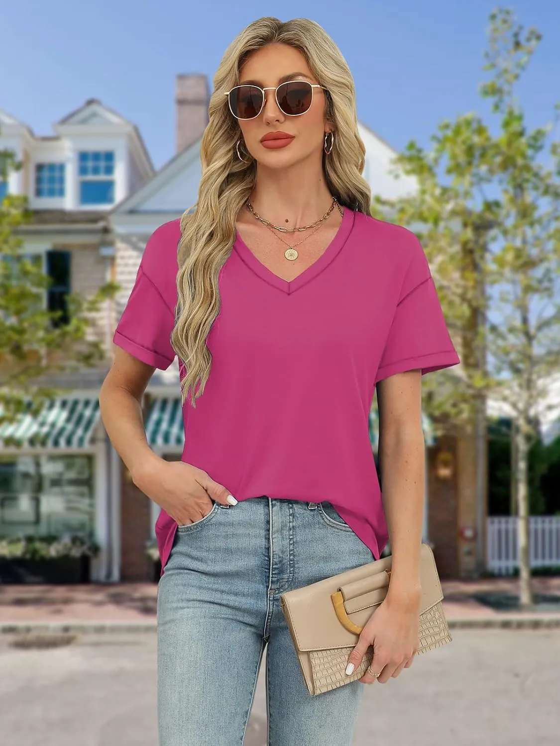 Womens Tops Trendy Short Sleeve Shirts Spring Crew Neck Casual Blouses for Women Summer Tshirts S-XXL