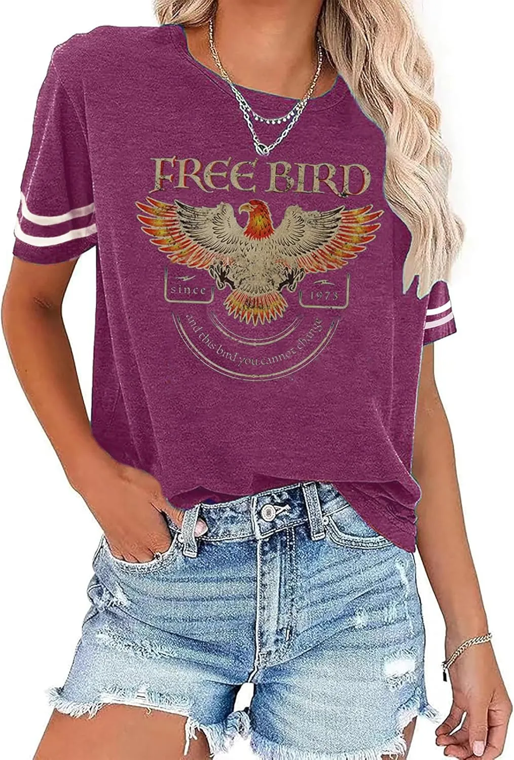 Women's Vintage Rock Band T-Shirt/Free Bird Eagle Graphic Tees/Country Concert Music Short Sleeve Shirts Tops