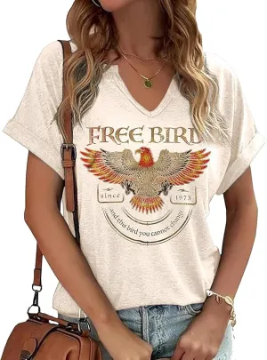 Women's Vintage Rock Band T-Shirt/Free Bird Eagle Graphic Tees/Country Concert Music Short Sleeve Shirts Tops