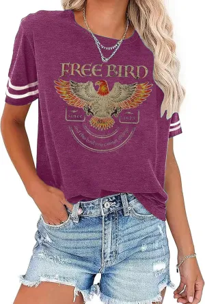 Women's Vintage Rock Band T-Shirt/Free Bird Eagle Graphic Tees/Country Concert Music Short Sleeve Shirts Tops