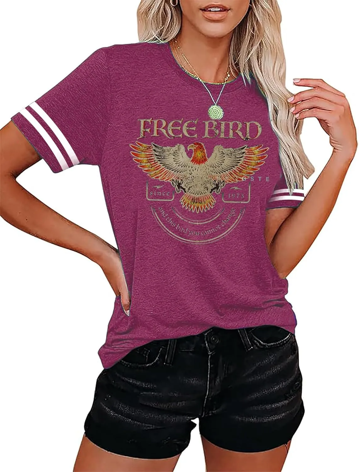 Women's Vintage Rock Band T-Shirt/Free Bird Eagle Graphic Tees/Country Concert Music Short Sleeve Shirts Tops