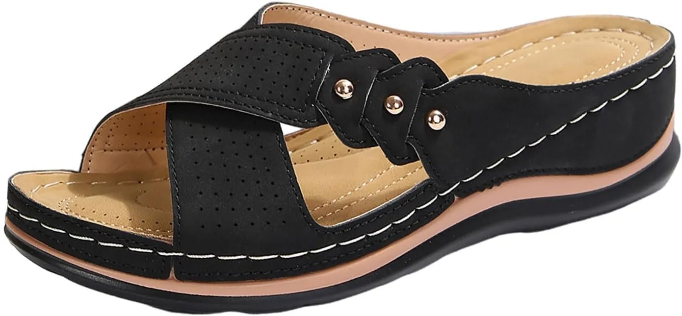Womens Wedge Sandals Dressy Cross Strap Flowers Slide Platform Sandals Casual Arch Support Slippers Slip On Shoes