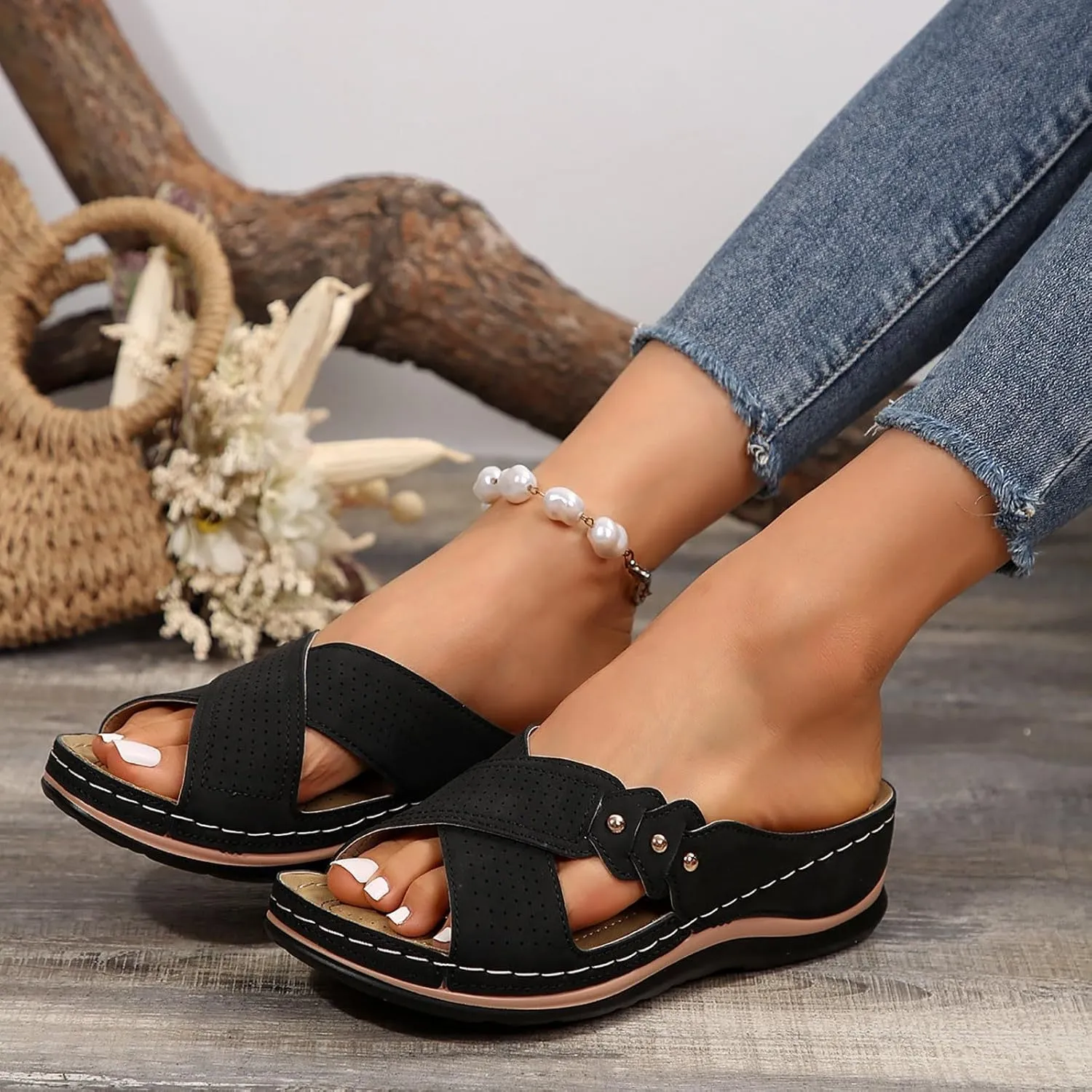 Womens Wedge Sandals Dressy Cross Strap Flowers Slide Platform Sandals Casual Arch Support Slippers Slip On Shoes
