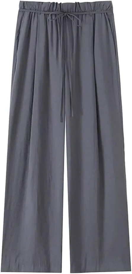Women's with Belt Pleated Wide Leg Pants Vintage High Elastic Waist Full Length Trousers