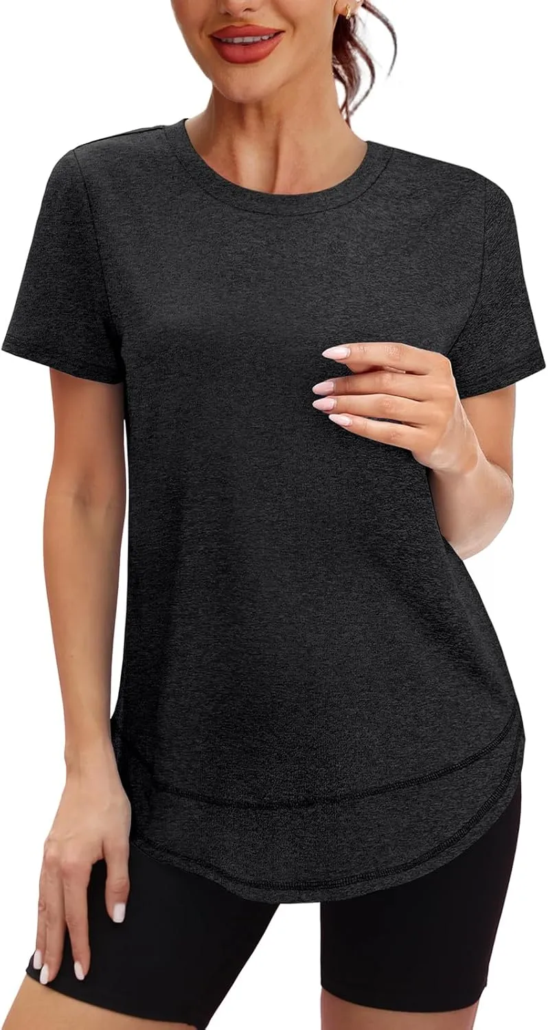 Womens Workout Tops Short Sleeve Shirts with Sun Protection Trendy Spring Summer Outfits S-3XL