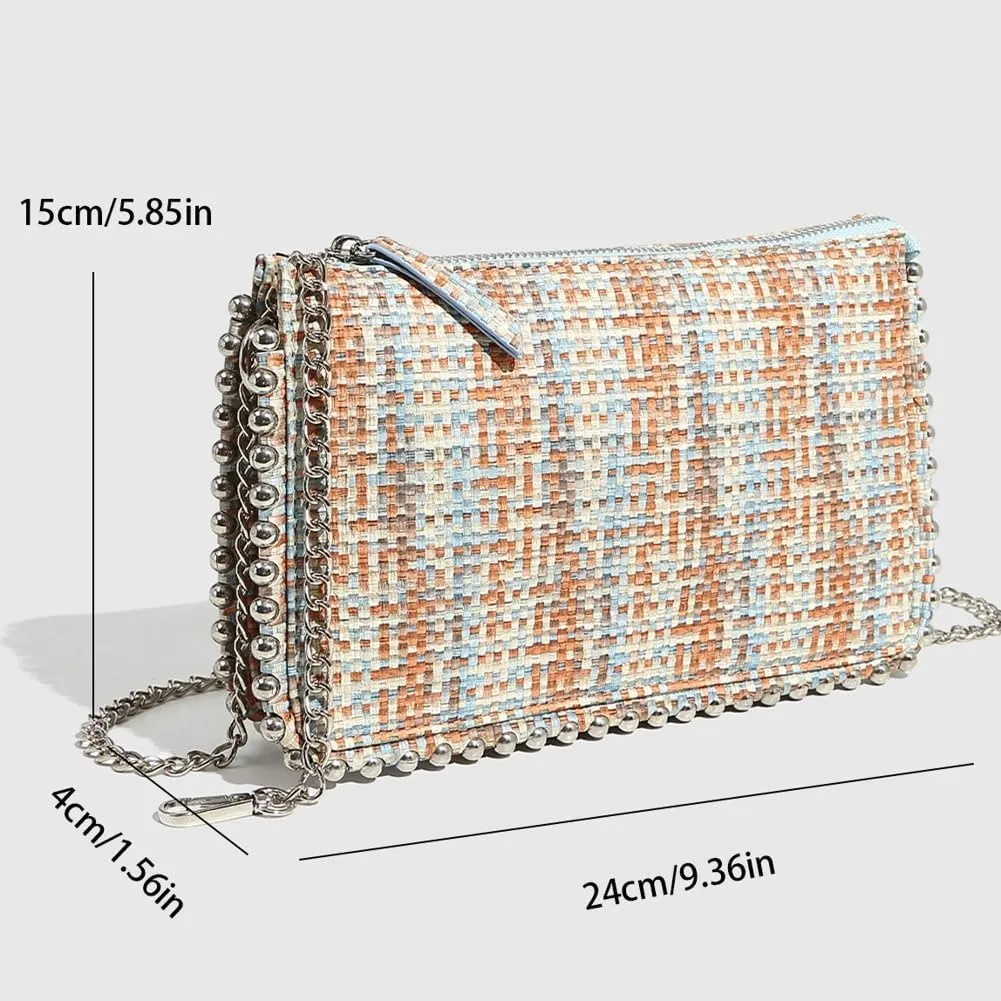 Womens Woven Shoulder Bag 2025 Fashion Beaded Straw Hobo Handbag Chain Purse Summer Vacation Beach Crossbody Bag