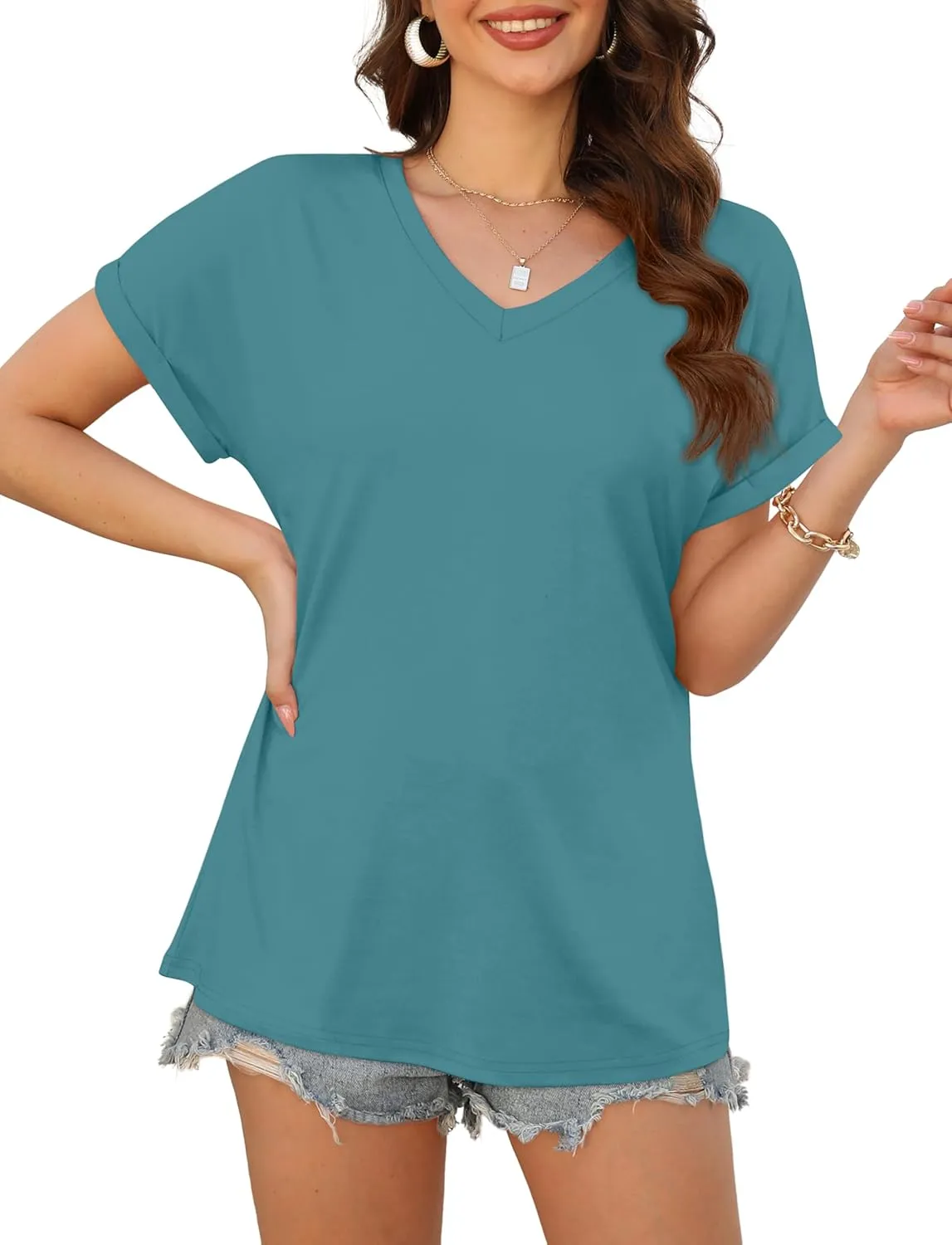 XIEERDUO Womens Summer Tops Short Sleeve Shirts Casual V Neck T Shirt Loose Fit Comfy