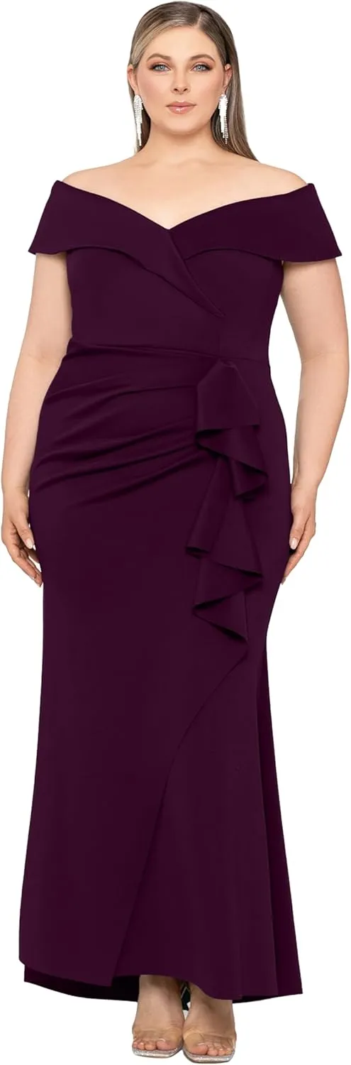 Xscape Women's Plus Size Off Shoulder Sweetheart Neck Ruffle Long Dress
