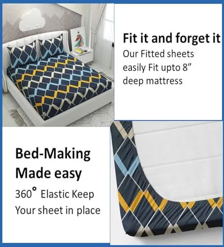 YaAkholic Cotton Feel All Around Elastic Fitted Queen Size Double Bed Bedsheet with 2 Large Pillow Covers Fits Upto Mattress of 8 Inches, Size-72"x78" Inches, Navy Box, 180-200 tc