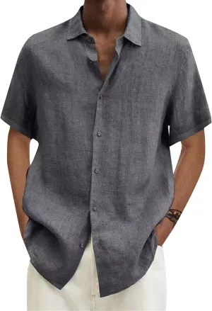 YMING Mens Linen Button Down Shirt Casual Short Sleeve Shirts Lapel Solid Color Tops Plus Size