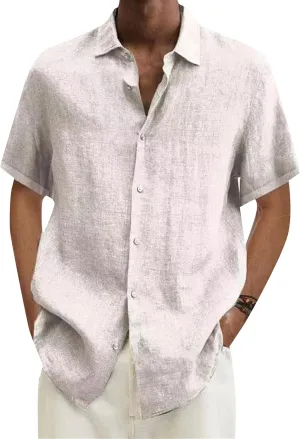YMING Mens Linen Button Down Shirt Casual Short Sleeve Shirts Lapel Solid Color Tops Plus Size