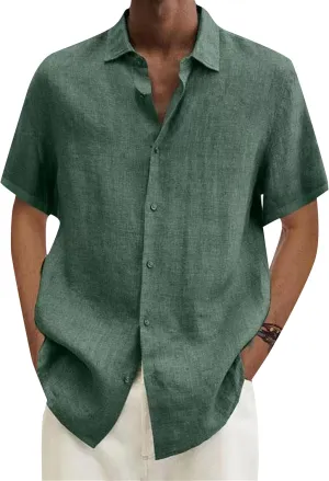 YMING Mens Linen Button Down Shirt Casual Short Sleeve Shirts Lapel Solid Color Tops Plus Size