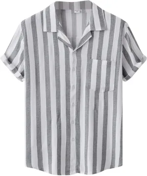Ymosrh Men's Casual Button-Down Shirts Striped Printed Cotton Linen Beach Short Sleeve Shirt Lapel Casual Shirts, M-3XL