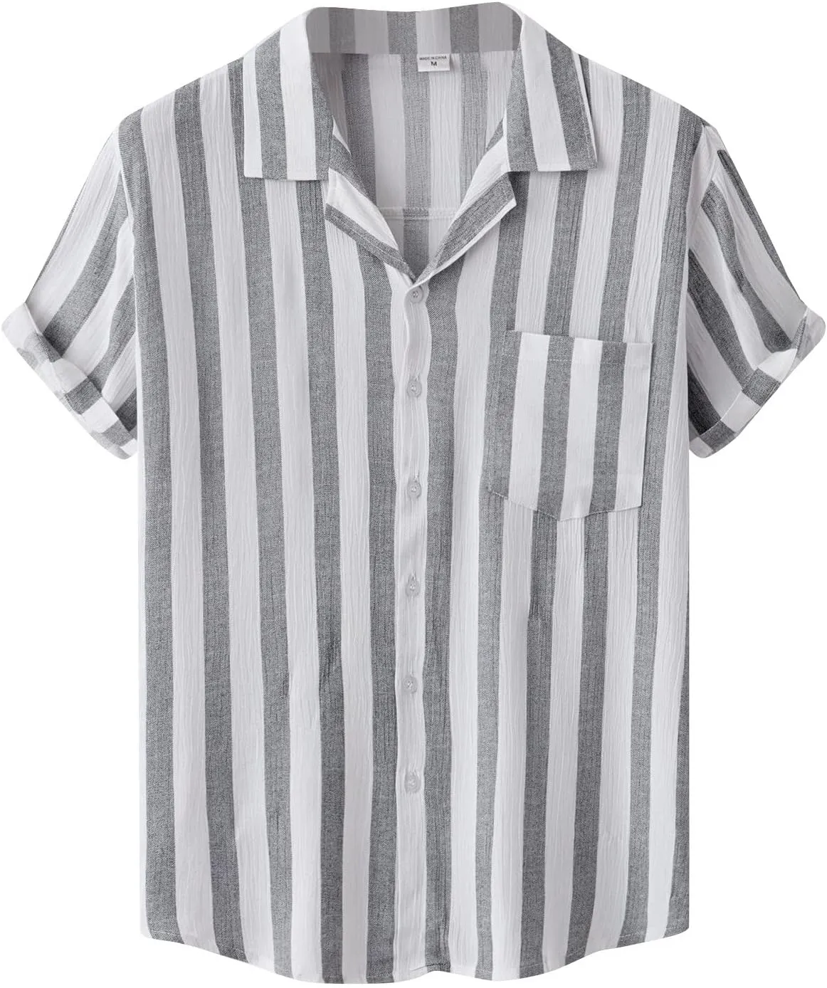 Ymosrh Men's Casual Button-Down Shirts Striped Printed Cotton Linen Beach Short Sleeve Shirt Lapel Casual Shirts, M-3XL
