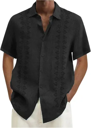 Ymosrh Men's Shirts Spring Summer Casual Cotton Linen Solid Color Short Sleeve Shirts Loose Button Down Short Shirt, M-4XL